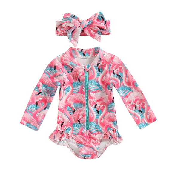Toddler Baby Girl One-Piece Swimsuit 6M 9M 12M 18M 24M Floral/Flamingo Print Zipper Long Sleeve Ruffled Swimwear Bathing Suit