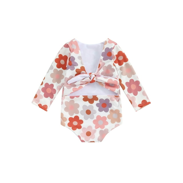 Toddler Baby Girl OnePiece Swimsuit Floral Print Knot Long Sleeve