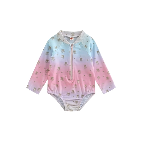 Toddler Baby Girl One Piece Swimsuits Kids Girl Long Sleeve Zip-up Bear Print Jumpsuit Rash Guards Beach Bathing Suit 1-5T