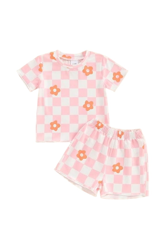 Toddler Baby Girl Outfit Floral Print Summer Clothes Short Sleeve T Shirt Checkerboard Top Set Elastic Waist Shorts Red 6-12 Months