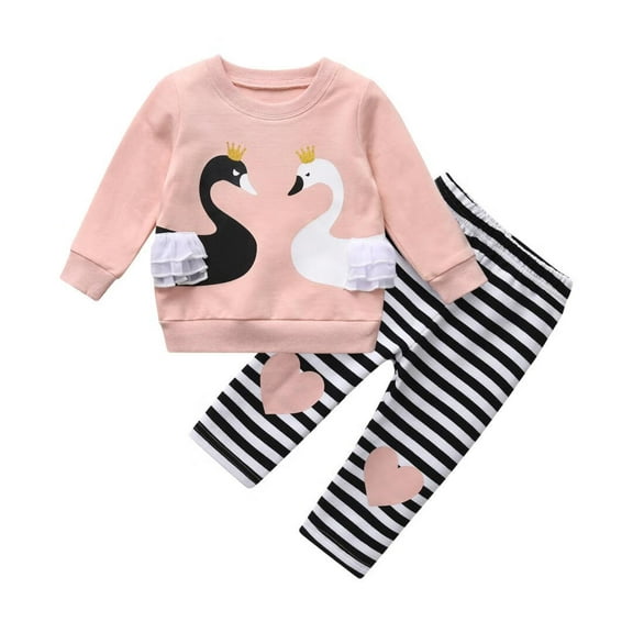 Toddler Baby Girl Outfit Set Swan Print Tops Pants 2Pcs for Baby Girls Clothes Pink 9-12 Months