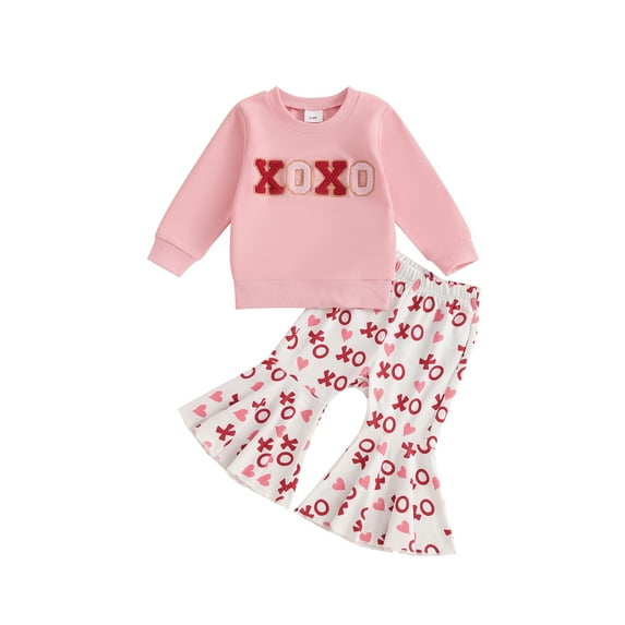 Toddler Baby Girl Outfits 6 12 18 24 Months 2T 3T 4T Letter Embroidery Long Sleeve Sweatshirt with Heart Pattern Flare Pants Clothing Set