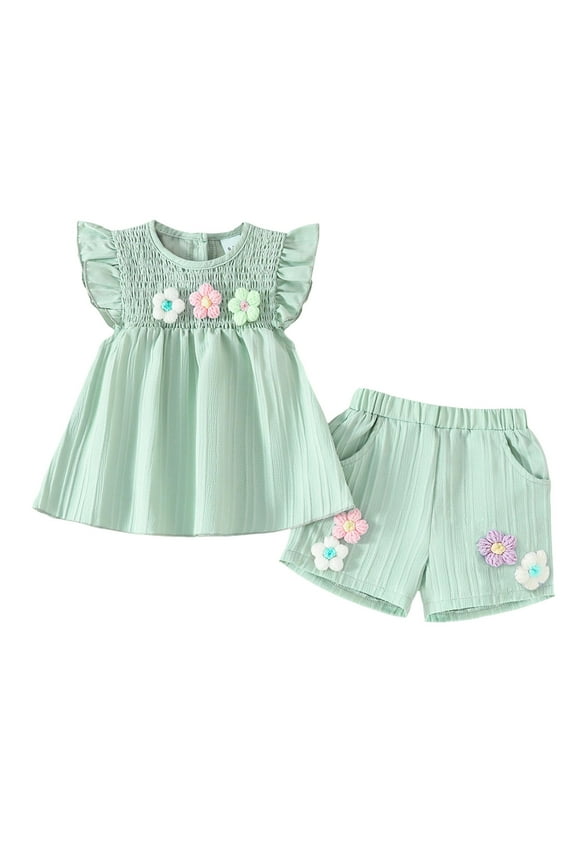 Toddler Baby Girl Outfits Floral Summer Clothes Infant Spring Ruffle Sleeve Shirt Tops Cute Shorts Set