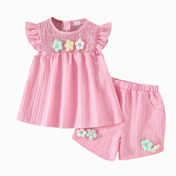 Toddler Baby Girl Outfits Floral Summer Clothes Infant Spring Waffle Short Sleeve Shirt Tops Cute Shorts Set Pink 2-3 Years