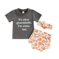 thumbnail image 1 of Toddler Baby Girl Outfits Flower Tops Babys Short Sleeve Peach Cartoon Prints Tops Shorts With Headband 3Pcs Clothes Set Comfort Daily Playwear Set, 1 of 5