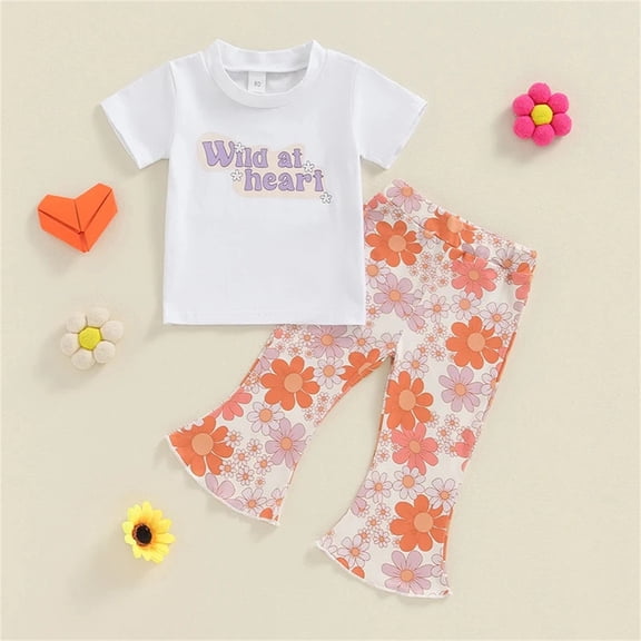 Toddler Baby Girl Outfits In My Flower Girl Floral Short Sleeve T Shirt Tops Bell Bottom Pants Set Summer Clothes