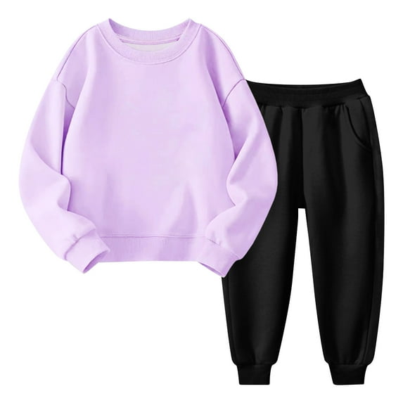 Toddler Baby Girl Outfits Sets - Kids Solid Fleece Lined Sweatshirts and Jogger Set for Fall Winter Casual Long Sleeve Crew Neck Sweatsuit 2 Piece Pants Sets B-3-Purples 5T