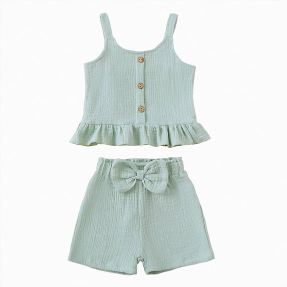 Toddler Baby Girl Outfits Solid Summer Clothes Ruffled Spaghetti Strap Short Sleeve Shirt Tops Cute Bow Shorts Set Kaprioy Toddler Girl Clothes 18 24 Months 2T 3T 4T
