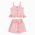 thumbnail image 1 of Toddler Baby Girl Outfits Solid Summer Clothes Ruffled Spaghetti Strap Short Sleeve Shirt Tops Cute Bow Shorts Set Kaprioy Toddler Girl Clothes 18 24 Months 2T 3T 4T, 1 of 7