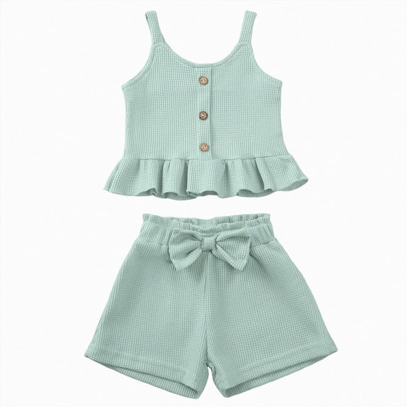 Toddler Baby Girl Outfits Solid Summer Clothes Solid Color Waffle Sleeveless Ruffle Tank Tops Shorts Set Cute Infant Clothes