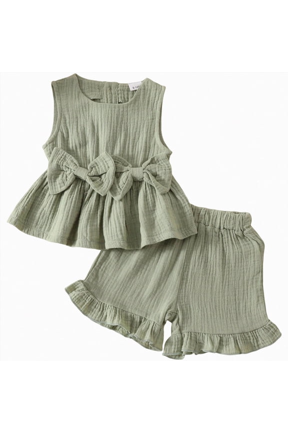 Toddler Baby Girl Outfits Solid Summer Clothes Solid Linen Outfit Bows Ruffle Tank Tops Shirts + Ruffled Short Set Kaprioy Toddler Girl Clothes 18 24 Months 2T 3T 4T