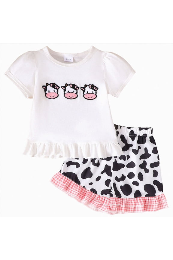 Toddler Baby Girl Outfits Summer Clothes Set Cow Embroidery Print Ruffle Top and Cow Print Shorts Set Cute Pattern Printed Outfits 2-3 Years