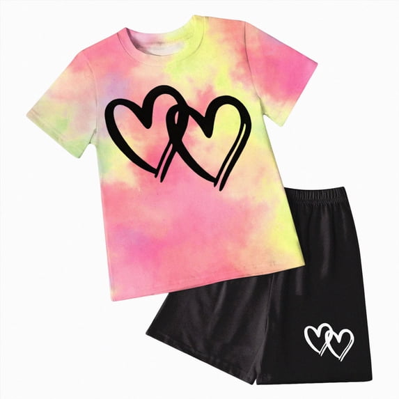 Toddler Baby Girl Outfits Summer Clothes Set Tie Dye Interlocking Heart Print T-Shirt and Shorts Set Cute Pattern Printed Outfits 9-10 Years