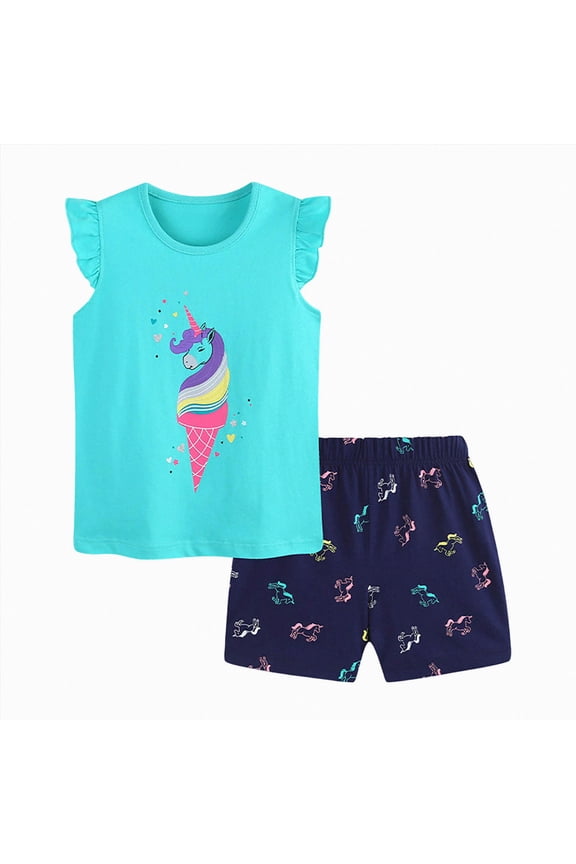 Toddler Baby Girl Outfits Summer Clothes Set Unicorn Ice Cream Print Ruffle Sleeveless Top and Shorts Set Cute Pattern Printed Outfits 2-3 Years