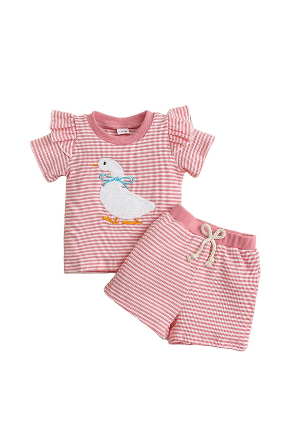 Toddler Baby Girl Outfits Summer Spring Cute Cartoon Embroidery Knit T Shirt Shorts Clothes 2Pcs Set Red 0-6 Months