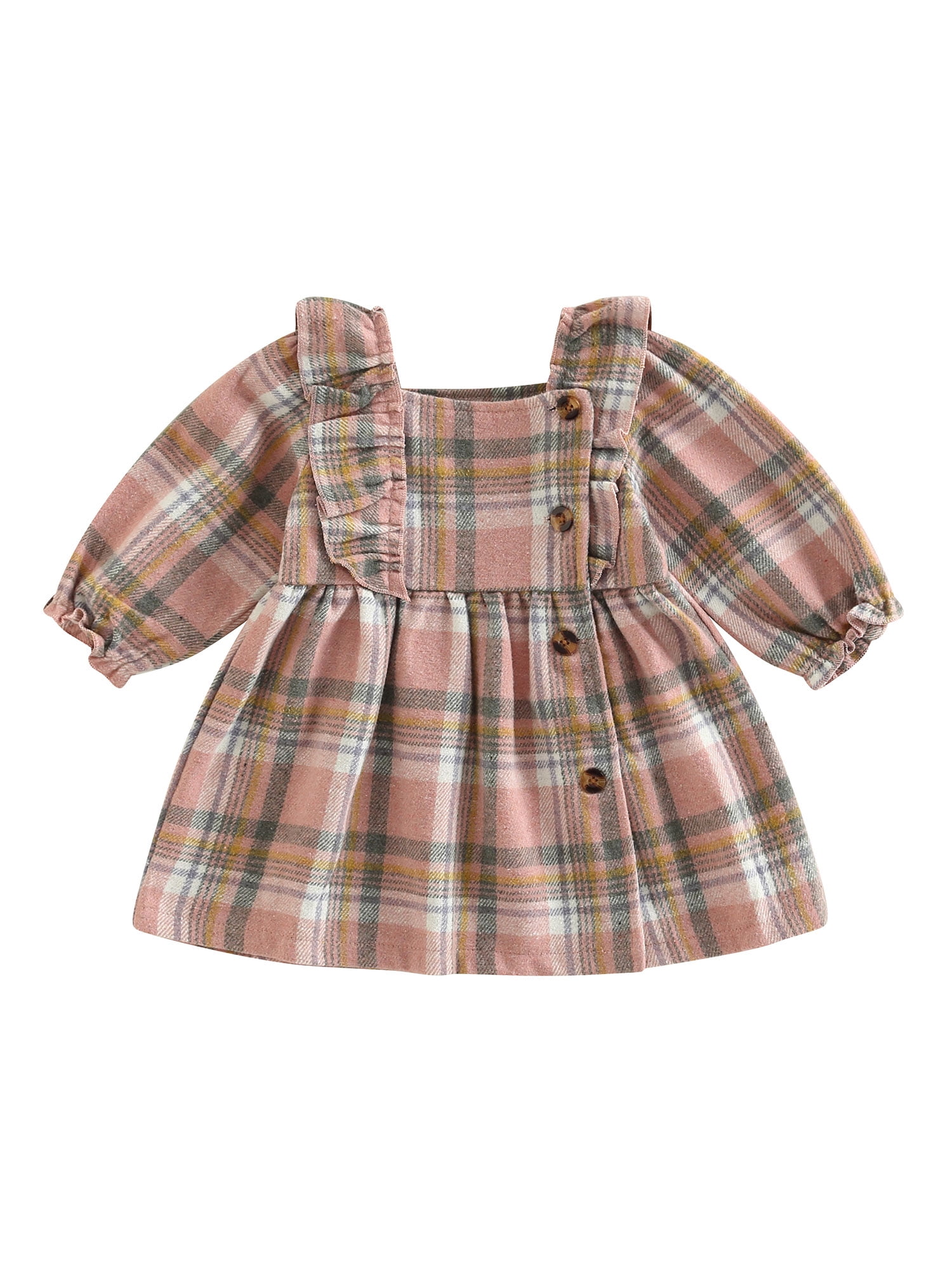 Toddler Baby Girl Plaid Dress Square Neck Ruffles Long Sleeve Flannel