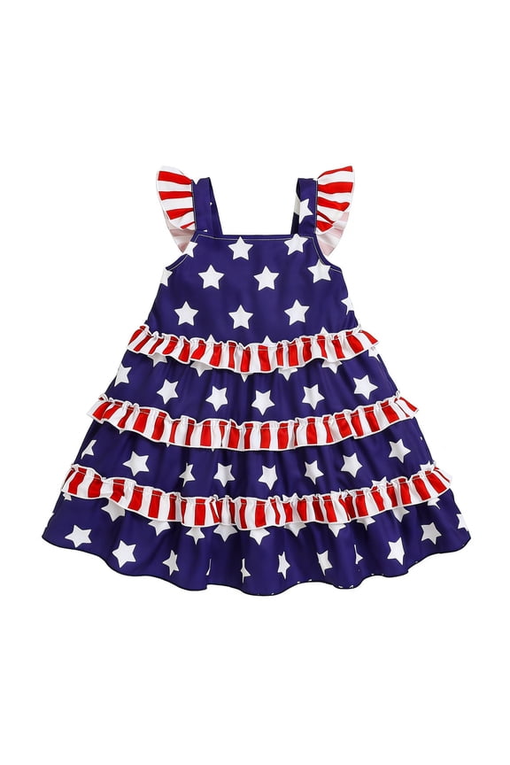Toddler Baby Girl Princess Dress Patriotic Star Spangled Girls Dress with Strappy for Independence Day Party Summer Dresses 3-4 Years