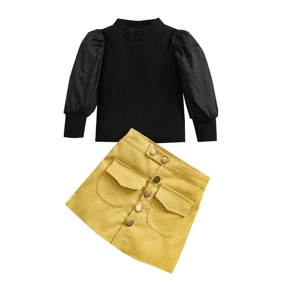 Toddler Baby Girl Puff Sleeve Ribbed Knit Sweater Tops High Waist Skirts Set Fall Winter Clothes
