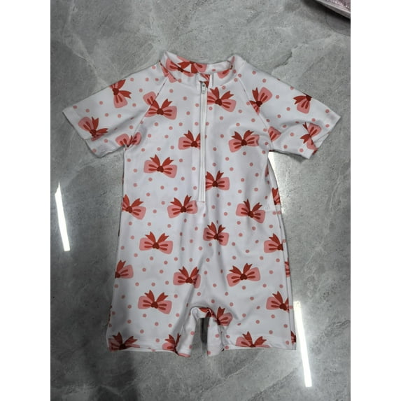 Toddler Baby Girl Rash Guard Swimsuit 0 6 12 18 24 Months 2T 3T Cherry/Bow Print Zipper Short Sleeve Zip Up Bathing Suit