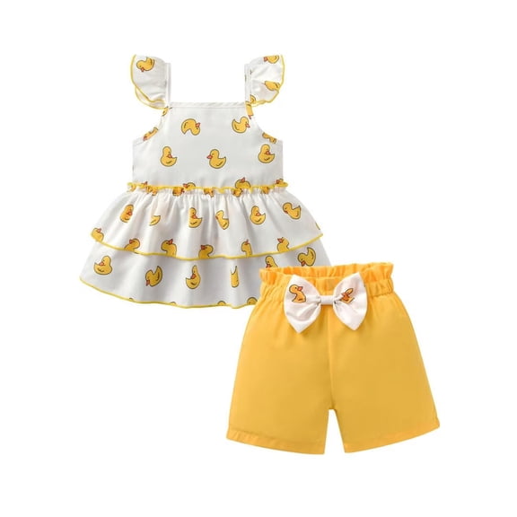 Toddler Baby Girl Ruffle Duck Pattern Sleeveless Tops Bow Shorts Outfits Yellow 12-18 Months