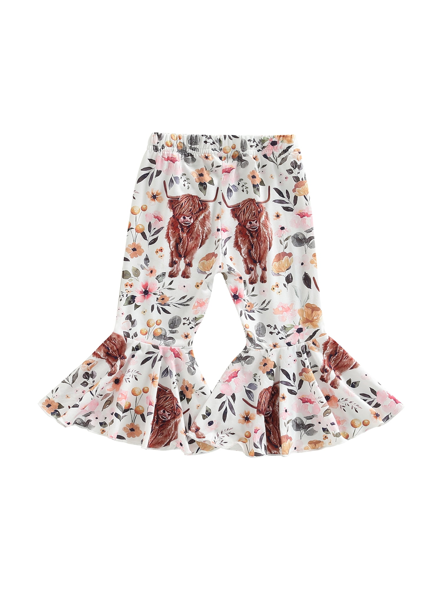 Toddler Baby Girl Ruffle Leggings Cow Floral Print Elastic Stretch Bell