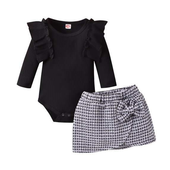 Toddler Baby Girl Ruffle Long Sleeve Pullover Knitted Shirt Top Tweed Plaid Skirt Set Infant Spring Fall Clothes 2pcs Outfits