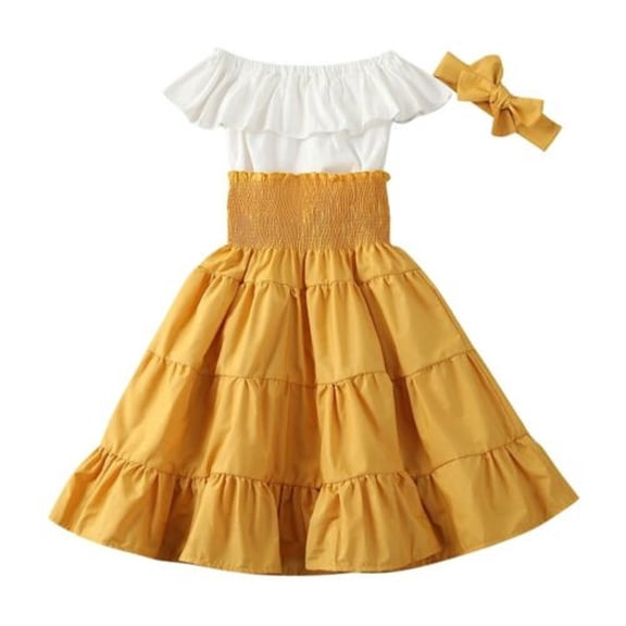 Toddler Baby Girl Ruffle Off Shoulder Crop Tops High Waist Maxi Skirt Headband 3PCS Set
