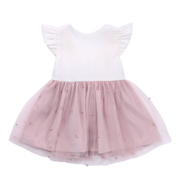 Toddler Baby Girl Ruffle Sleeve V-Back Beading Tulle Dress Princess Bowknot Tutu Dresses