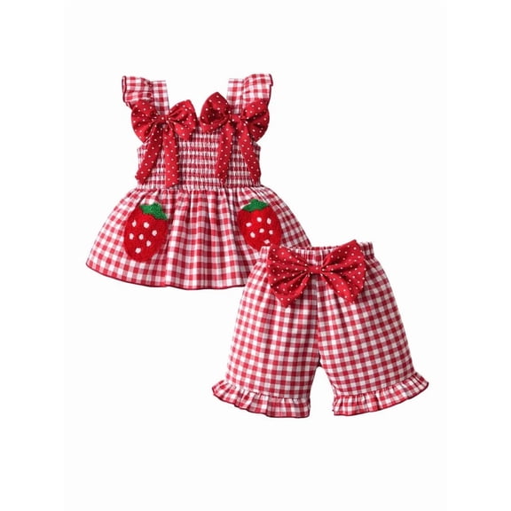 Toddler Baby Girl Ruffle Strawberry Pattern Sleeveless Tops Check Shorts Outfits Red 12-18 Months
