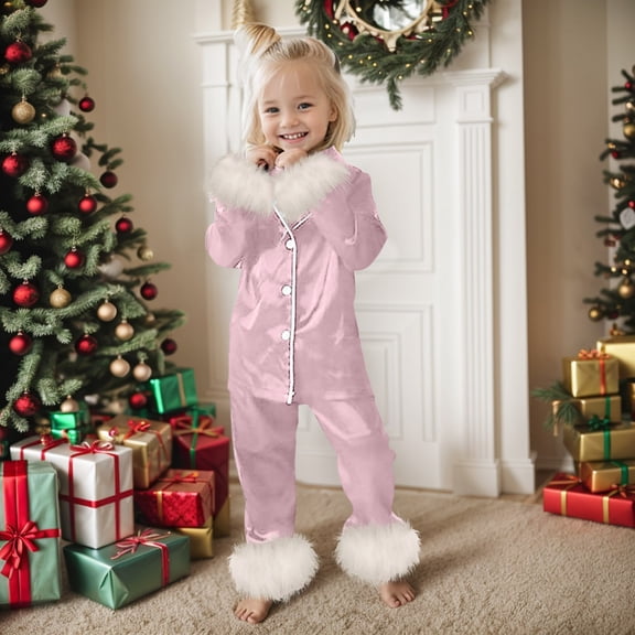 Toddler Baby Girl Satin Pajamas Set 2 Piece Long Sleeve Button Down Pjs With Feather Trim Sleepwear Top And Pants Loungewear Set For Kids 2-14Y Valentines Day Christmas Birthday Gifts #01 Pink,2Y