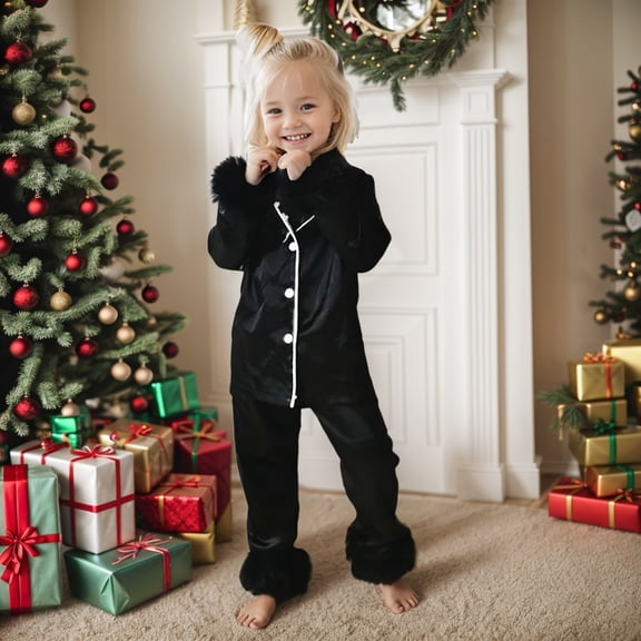 Toddler Baby Girl Satin Pajamas Set 2 Piece Long Sleeve Button Down Pjs With Feather Trim Sleepwear Top And Pants Loungewear Set For Kids 2-14Y Valentines Day Christmas Birthday Gifts #01 Black,2Y