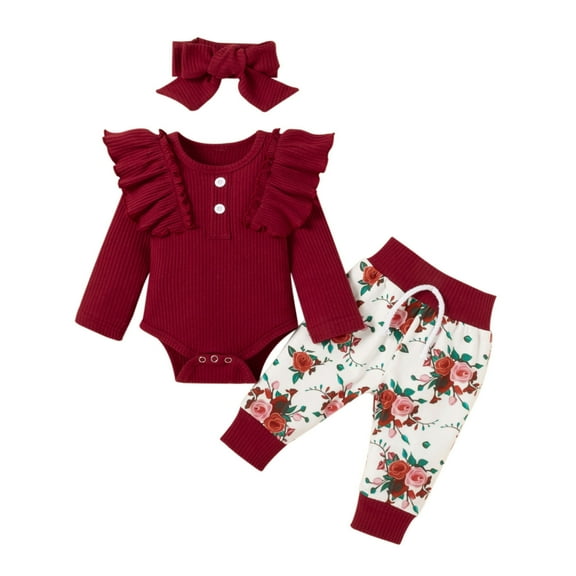 Toddler Baby Girl Sets 2 Piece Outfits Toddler Kids Girls Ruffle Cotton Clothes Flowers Print Outfit Bow Three-piece For Every Holiday Legging Set 2
