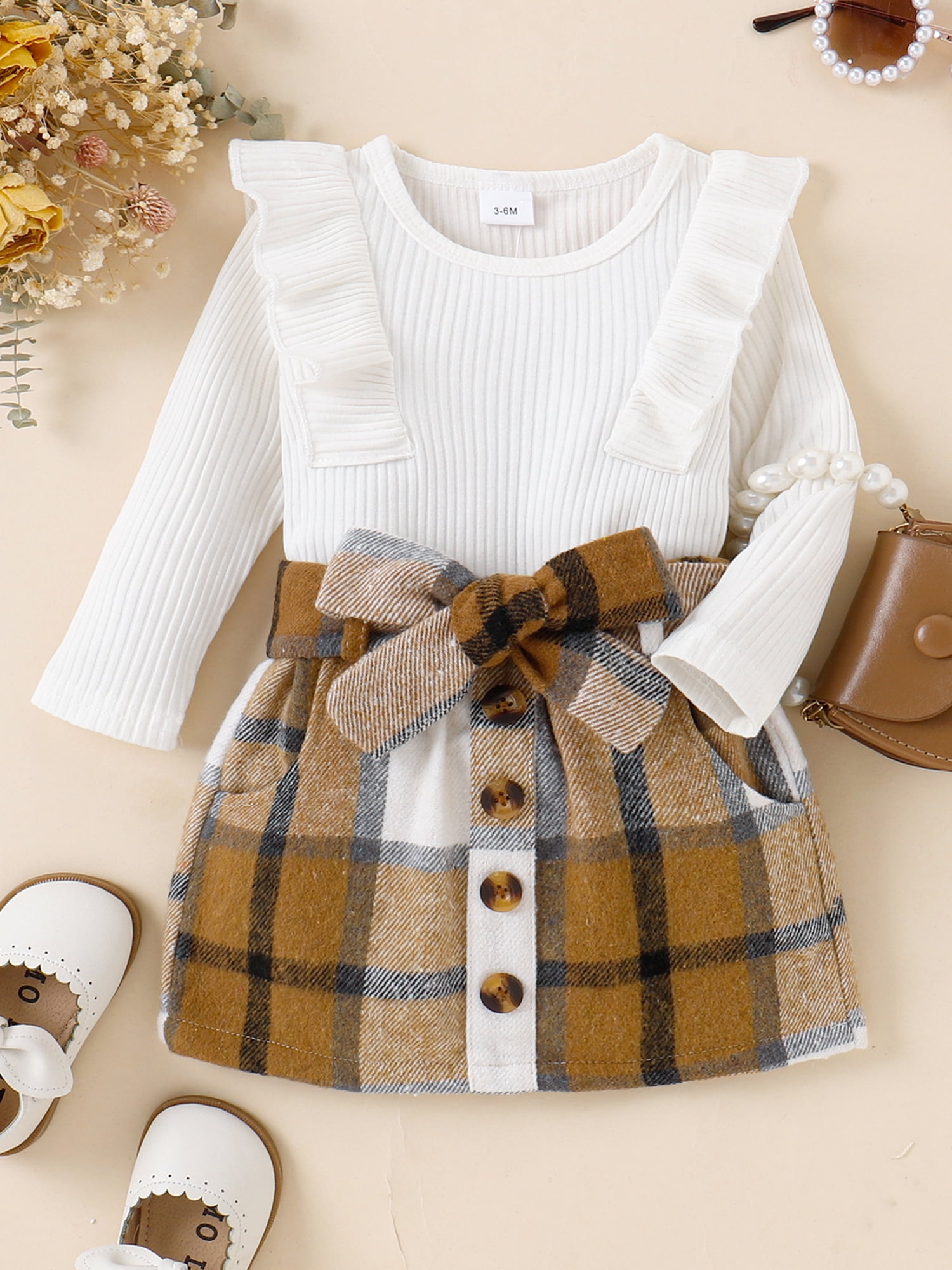 BOIZONTY Toddler Baby Girl Red Plaid Outfits Ruffled Sleeve Crop Top Shirts with Bowknot+ Denim Skirt Dress Clothes Set
