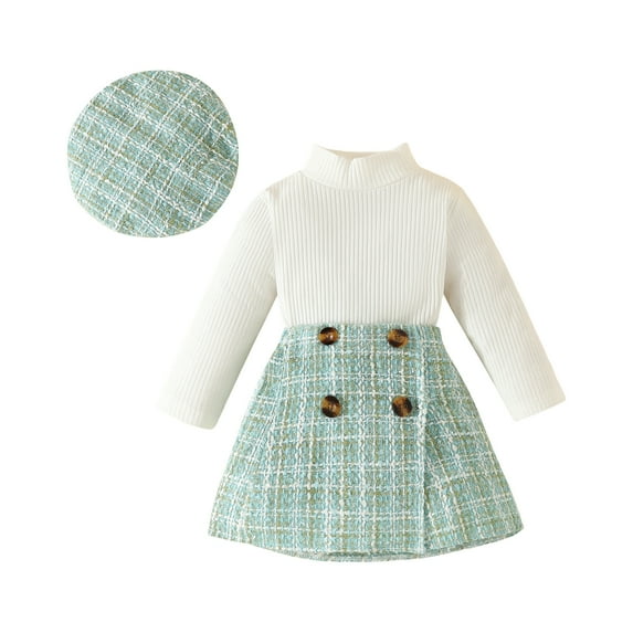 Toddler Baby Girl Skirt Set 6M 9M 12M 18M 24M 3Y Long Sleeve Ribbed Knit Sweater Shirt Plaid Skirt Fall Winter Dress Outfits with Hat