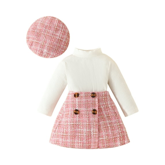 Toddler Baby Girl Skirt Set 6M 9M 12M 18M 24M 3Y Long Sleeve Ribbed Knit Sweater Shirt Plaid Skirt Fall Winter Dress Outfits with Hat