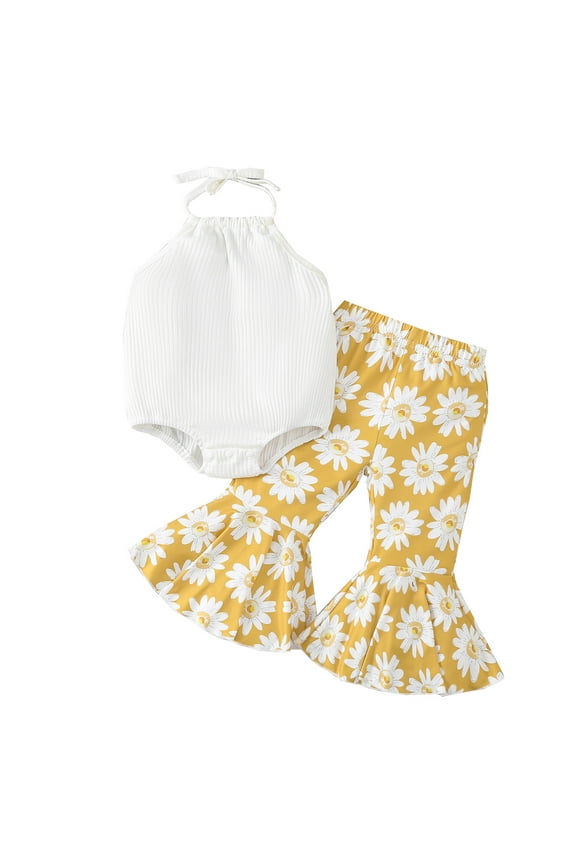 Toddler Baby Girl Sleeveless Halter Ribbed Solid Romper Sunflower Floral Print Flare Bell Bottoms Pants Outfit