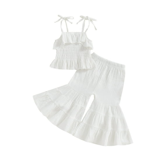 Toddler Baby Girl Smocked Outfit Tie-Up Strap Ruffle Camisole Tops Flared Pants Set Toddler Bell Bottom Outfit 6 18 24 Months 2T 3T 4T Summer Clothes