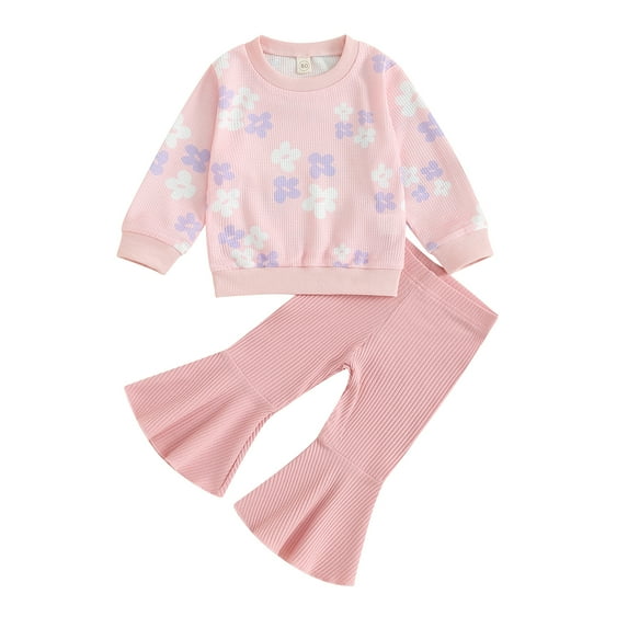 Toddler Baby Girl Spring Fall Outfits Long Sleeve Floral Sweatshirt Pullover Tops and Flare Pants Set Kids Clothes