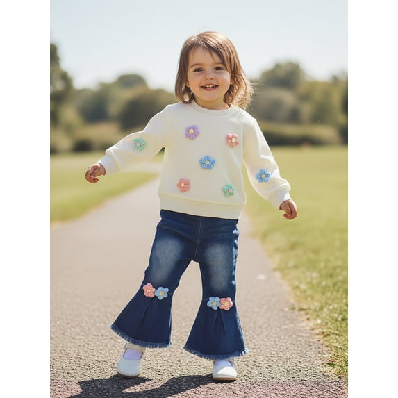 Toddler Baby Girl Spring Outfits Decorative Flowers Crew Neck Long Sleeve Sweatshirt and Flared Jeans 2 Pcs Set