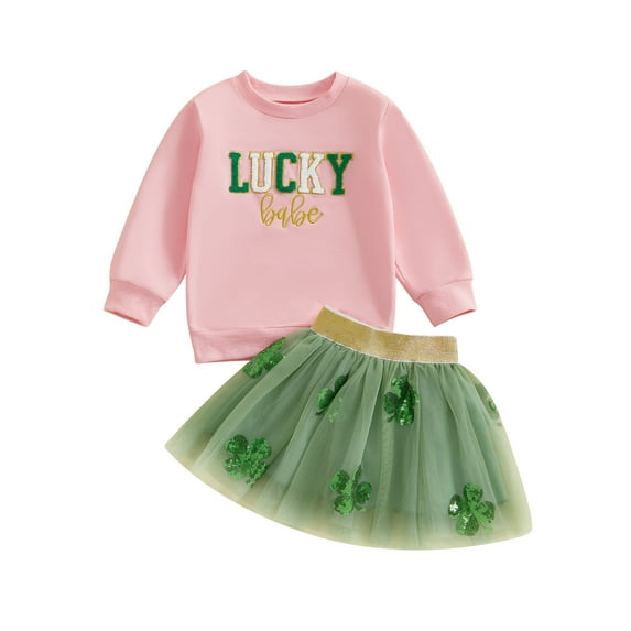 Toddler Baby Girl St.Patrick's Day Outfit Letter Embroidery Long Sleeve Sweatshirt Sequined Clover Mesh Tulle Skirt 2Pcs Clothes Set