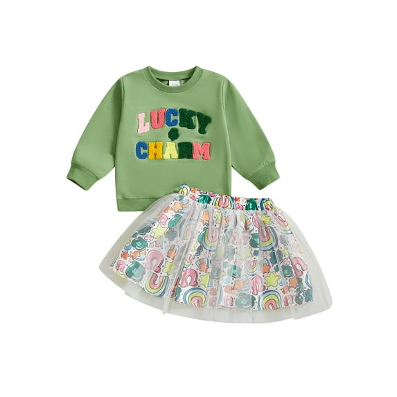Toddler Baby Girl St.Patrick's Day Outfit Long Sleeve Letter Embroidery Sweatshirt with Rainbow Clover Mesh Tulle Skirt 2Pcs Clothes Set