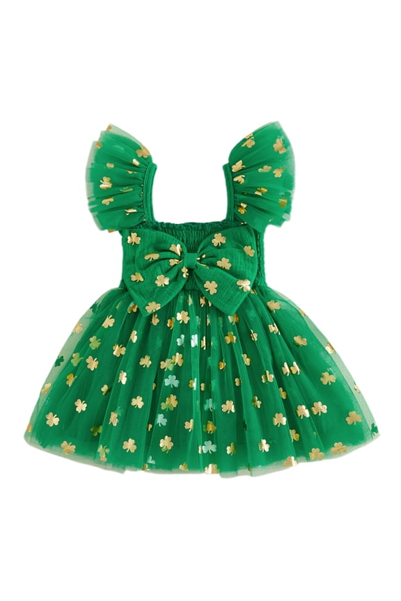 Toddler Baby Girl St. Patrick's Day Outfits Gold Clover Print Big Bowknot Fly Sleeve Layered Tulle Tutu Dresses