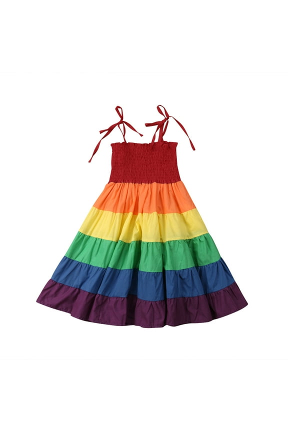 Toddler Baby Girl Summer Boho Rainbow Stripe Spaghetti Strap Beach Sun Dress 2Y 3Y 4Y 5Y 6Y 7Y