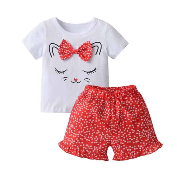 Toddler Baby Girl Summer Cat Pattern Short Sleeve Tops Dot Shorts Outfits Set(Red, 12-18 Months)