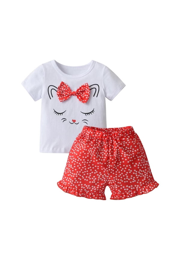Toddler Baby Girl Summer Cat Pattern Short Sleeve Tops Dot Shorts Outfits Set(Red, 12-18 Months)