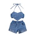 thumbnail image 1 of Toddler Baby Girl Summer Clothes 1Y 2Y 3Y 4Y 5Y 6Y Denim Shorts 2PCS Set Sleeveless Strap Cami Crop Top Elastic Pants Outfits, 1 of 9