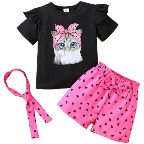 Toddler Baby Girl Summer Clothes Bow Floral Letter Print Short Sleeve Shirt Shorts Set Summer Outfit Girls Summer Set 1-8 Years,5-6 Years