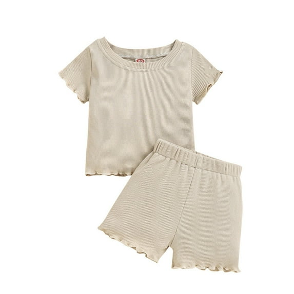 Toddler Baby Girl Summer Clothes Infant Ruffle Ribbed Knit Short Sleeves T-Shirt Tops + Shorts Solid Color Cute Outfits Set 6M-4T