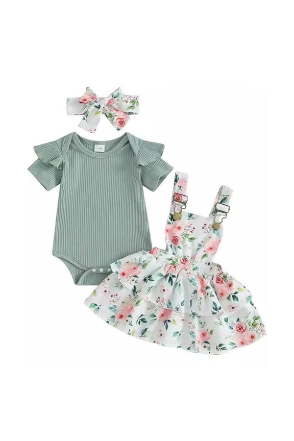 Toddler Baby Girl Summer Clothes Ribber Romper Short Sleeve Top Floral Overalls Suspender Dress Outfit Headband Clothing Set Light Blue 12-18 Months