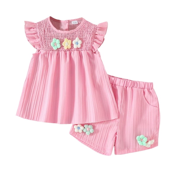 Toddler Baby Girl Summer Clothes Ruffle Floral Ruffle Sleeves T-Shirt Tee Tops + Shorts Cute Outfits Set